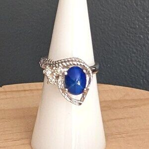Star sapphire and faux diamond silver ring